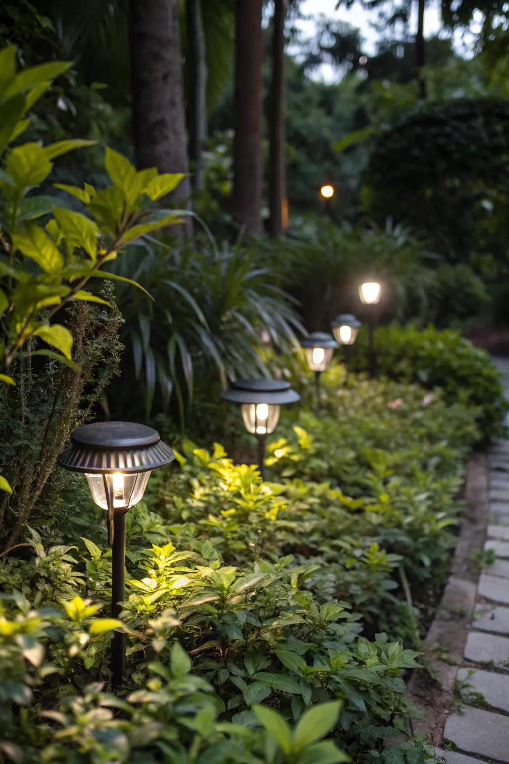 Hide solar lights among foliage for a mysterious glow.