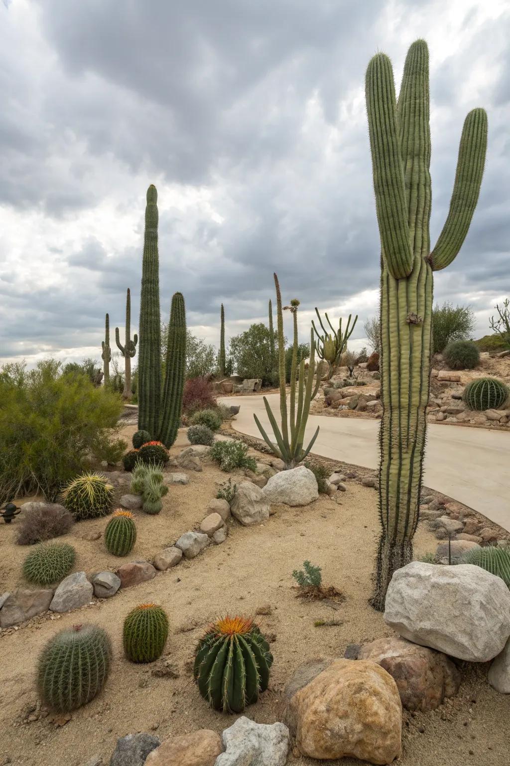 Cacti offer dramatic, sculptural elements that thrive in hot climates.