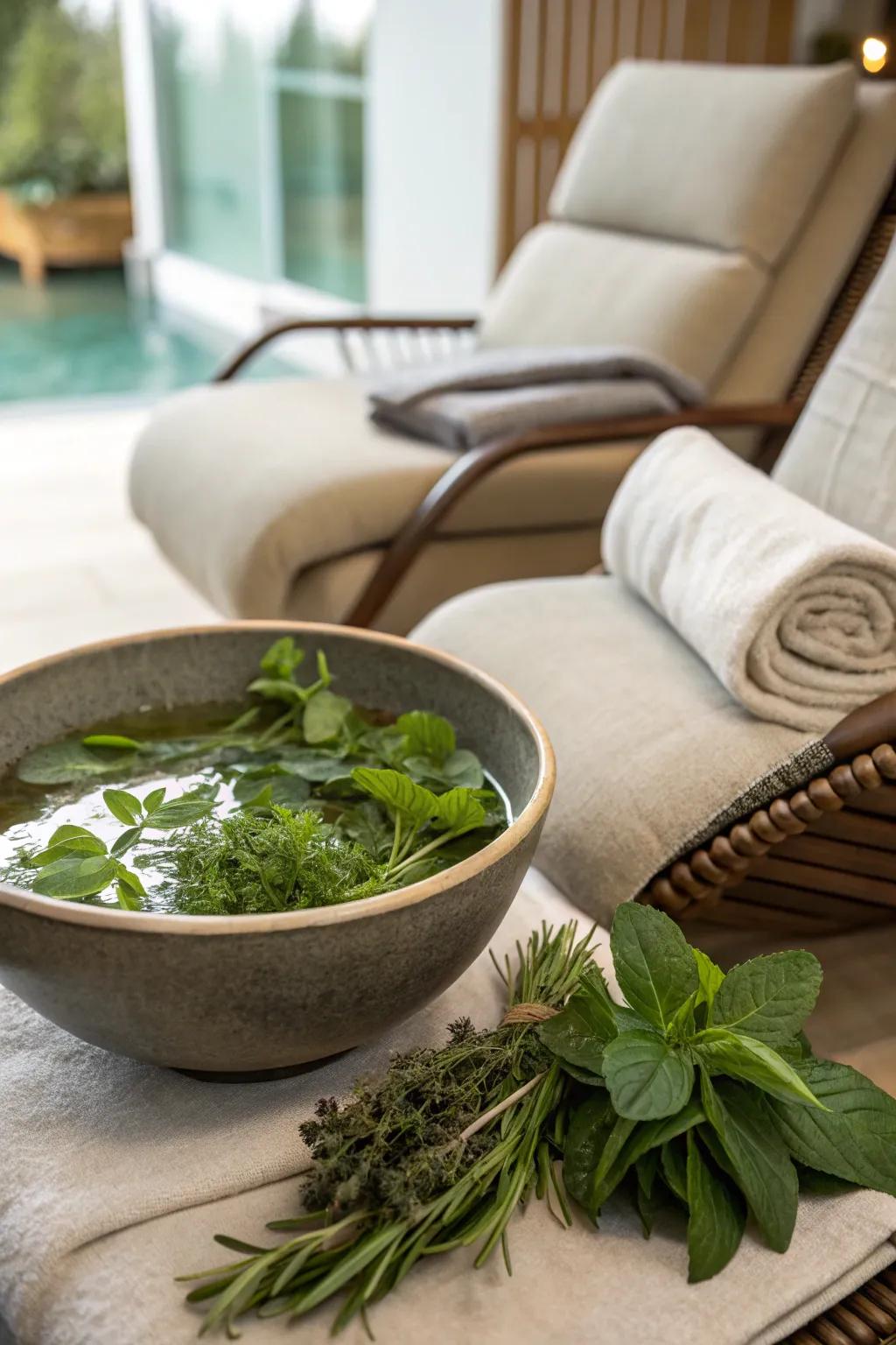 Herbal foot soak offering relief and relaxation after a long day.