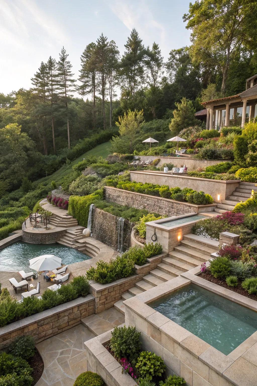 Terraces add depth and interest to the spa landscape.