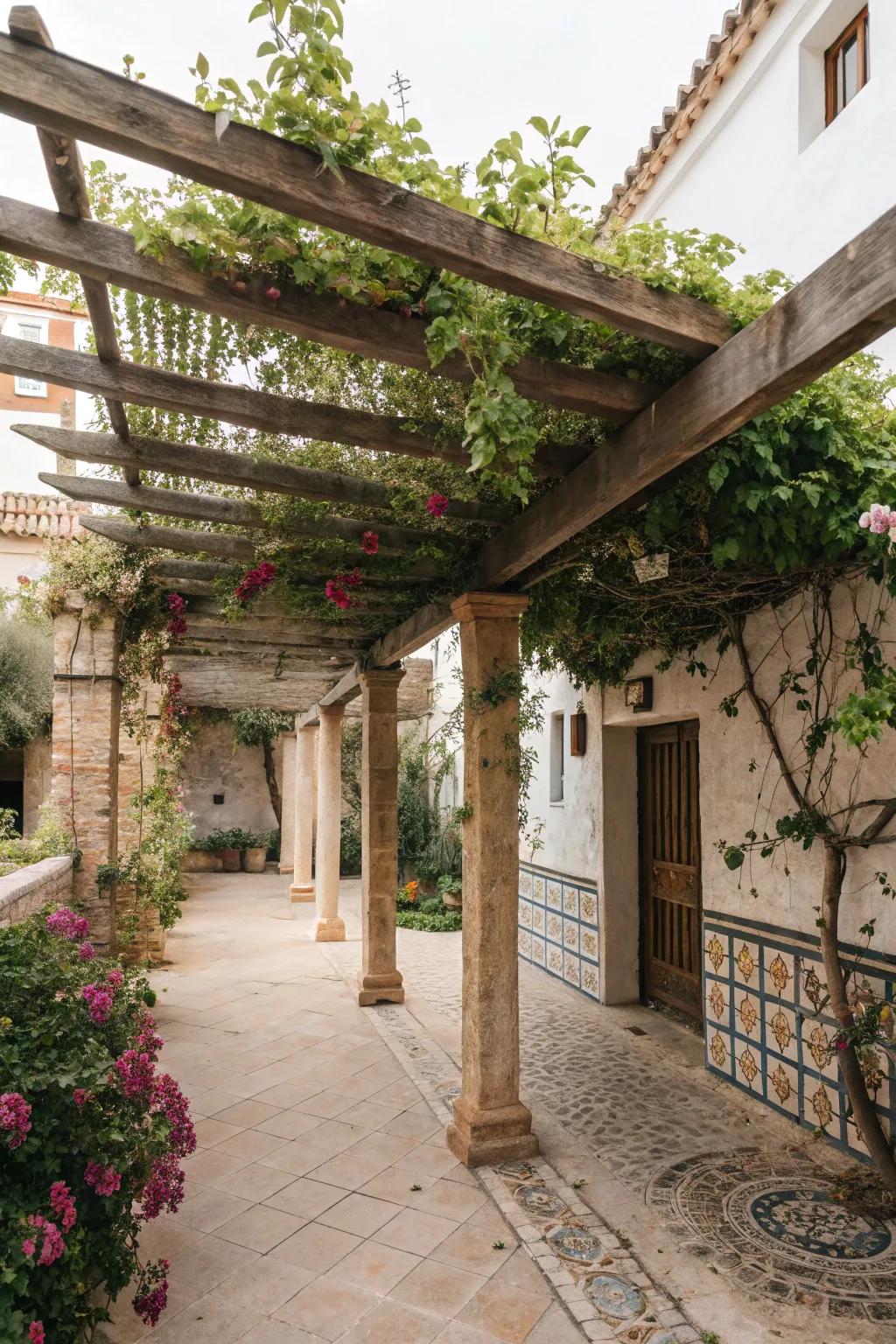 Pergolas offer shade and support for greenery.