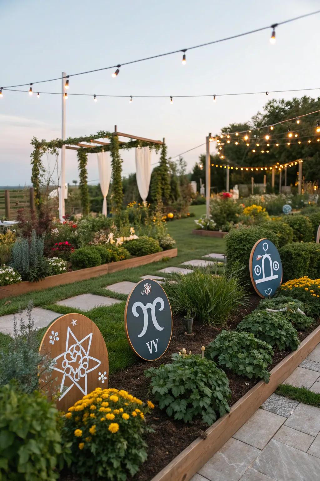 A zodiac-inspired garden with cosmic plant arrangements.