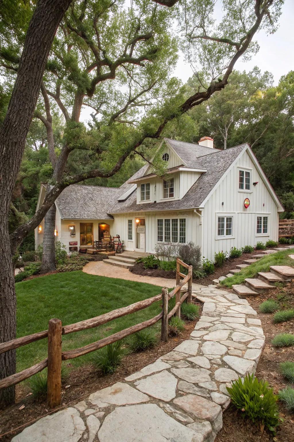 Vintage whitewash adds classic charm to this inviting split-level home.
