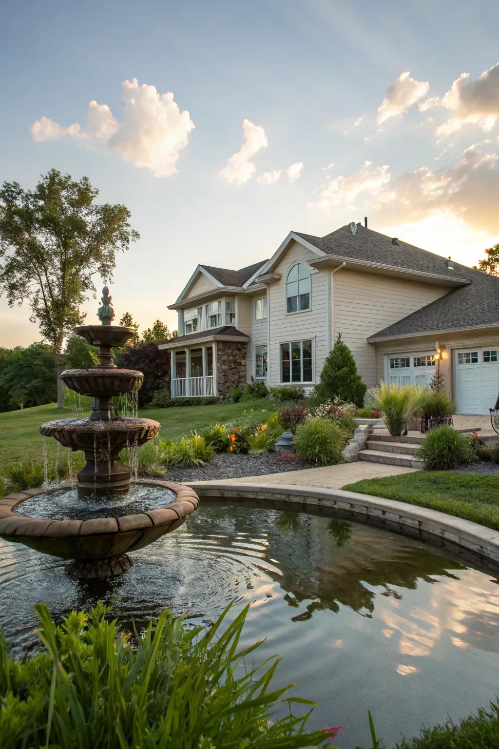 A water feature adds a calming presence to the home's exterior.