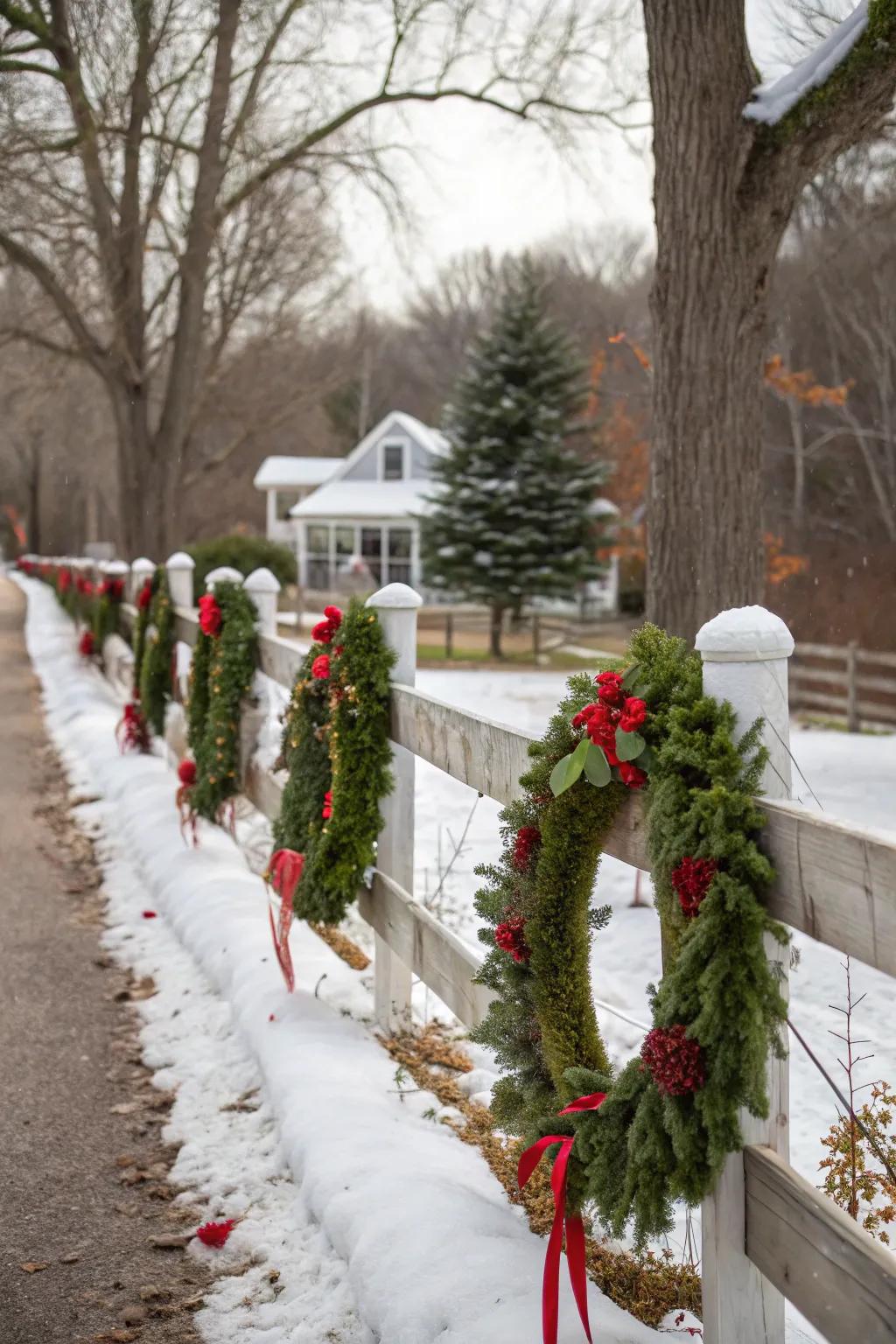 Seasonal decorations bring festive spirit to this split rail fence.