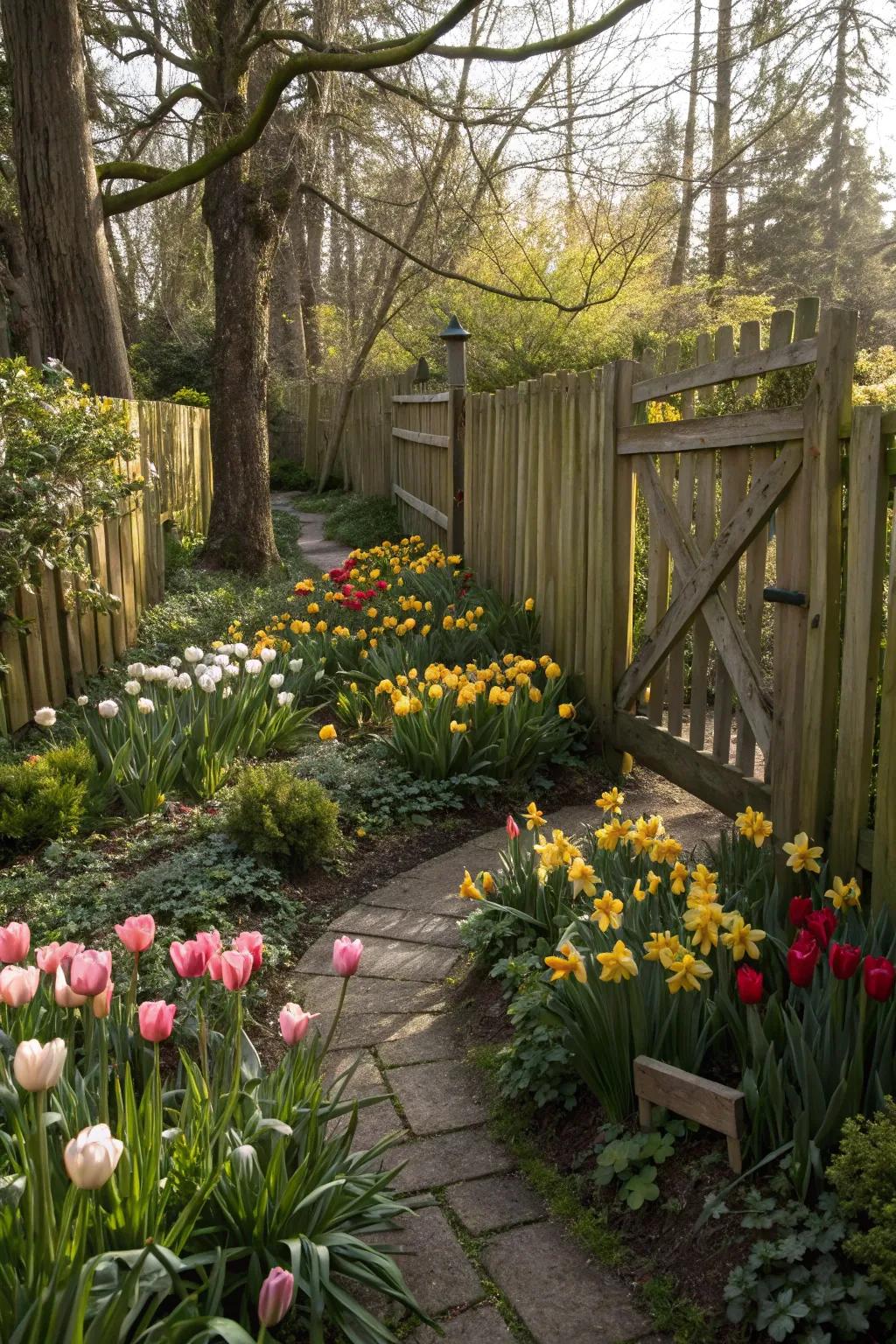 A secret garden filled with vibrant spring bulbs.