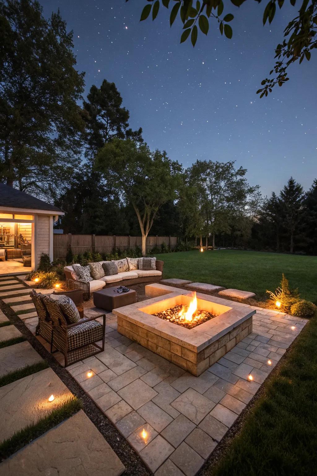 A sunken seating area adds a cozy, intimate feel.