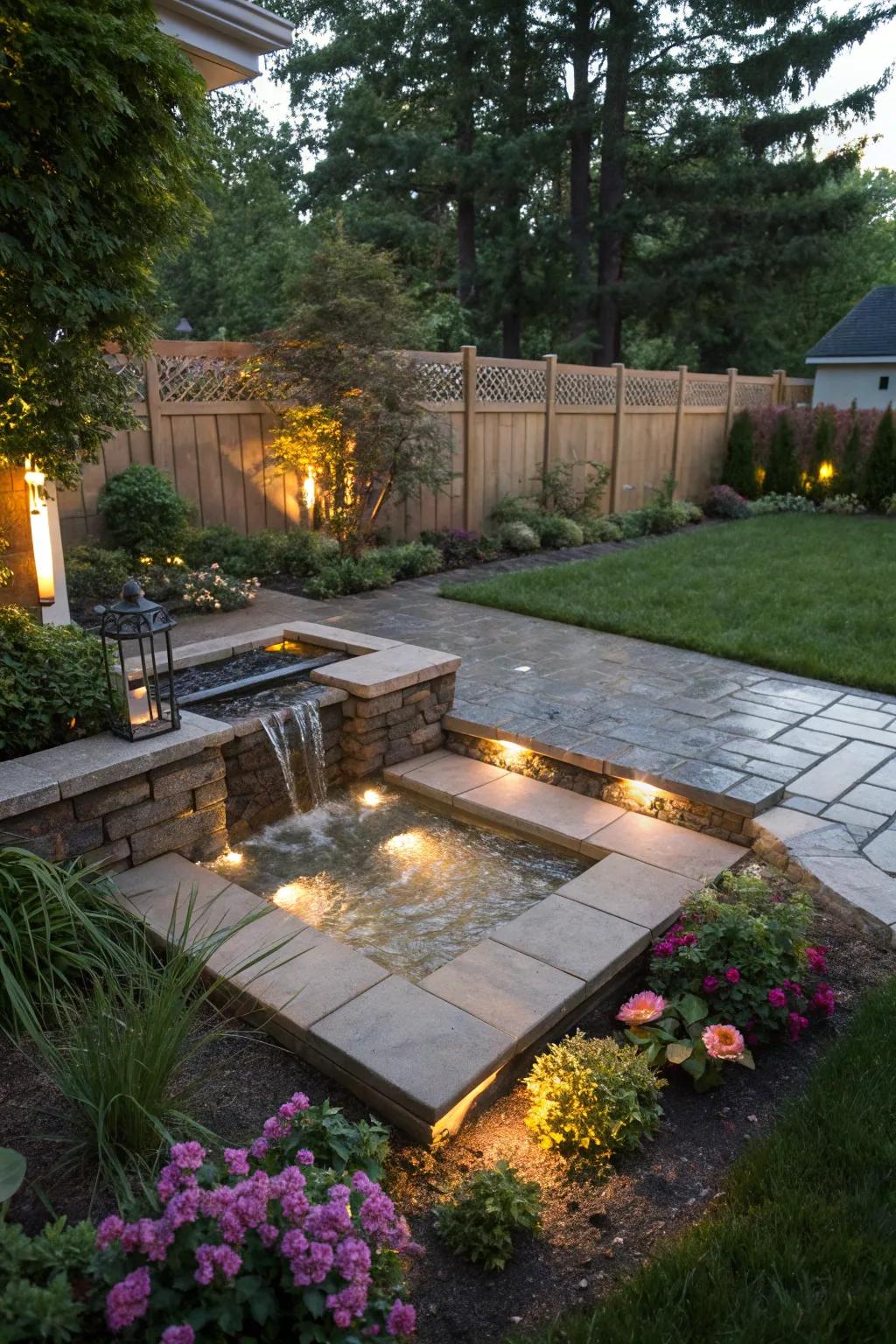 A water feature adds tranquility to square patios.