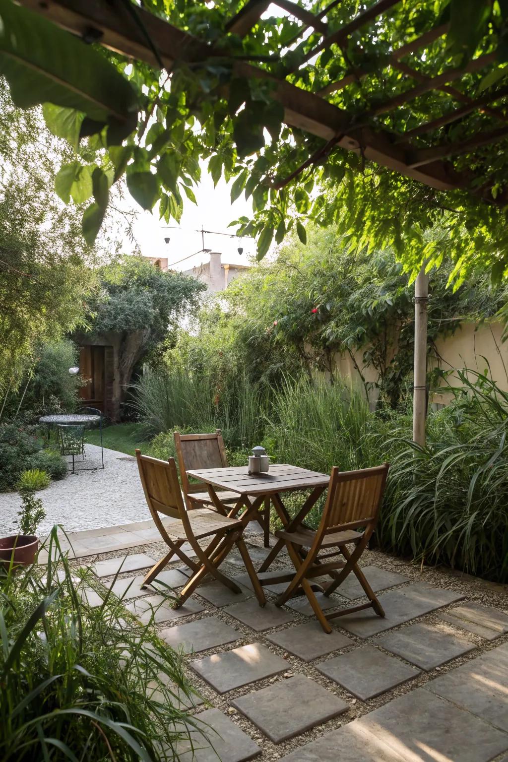 Tall plants offer natural shade while enhancing the patio's greenery.