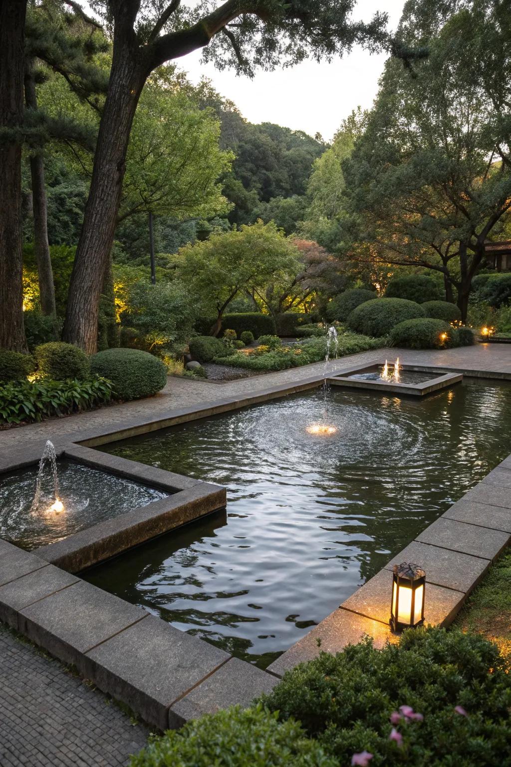 A tranquil square pond enhanced with gentle water features for peaceful soundscapes.