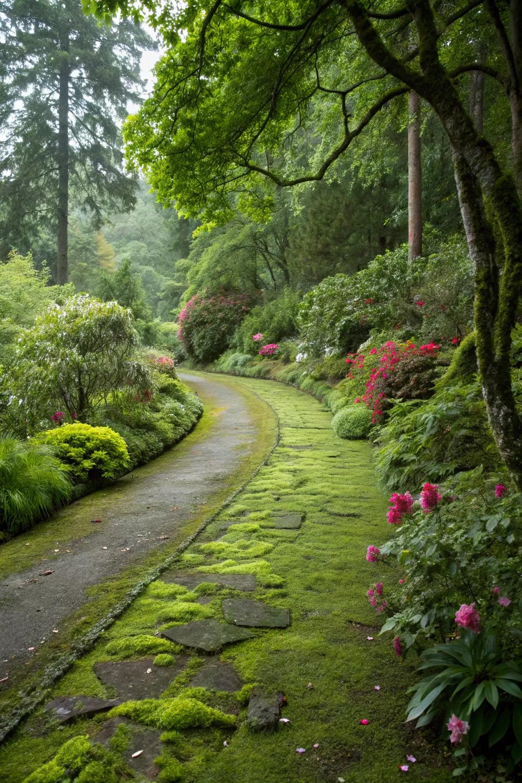Green tones seamlessly integrate this driveway with its natural surroundings.