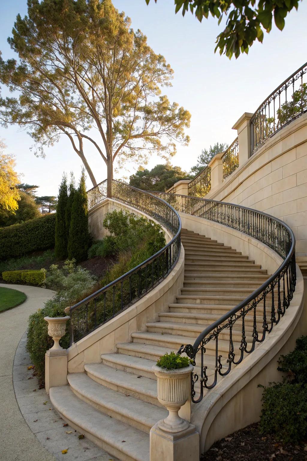 Curved railings add fluidity and grace to outdoor stairs.