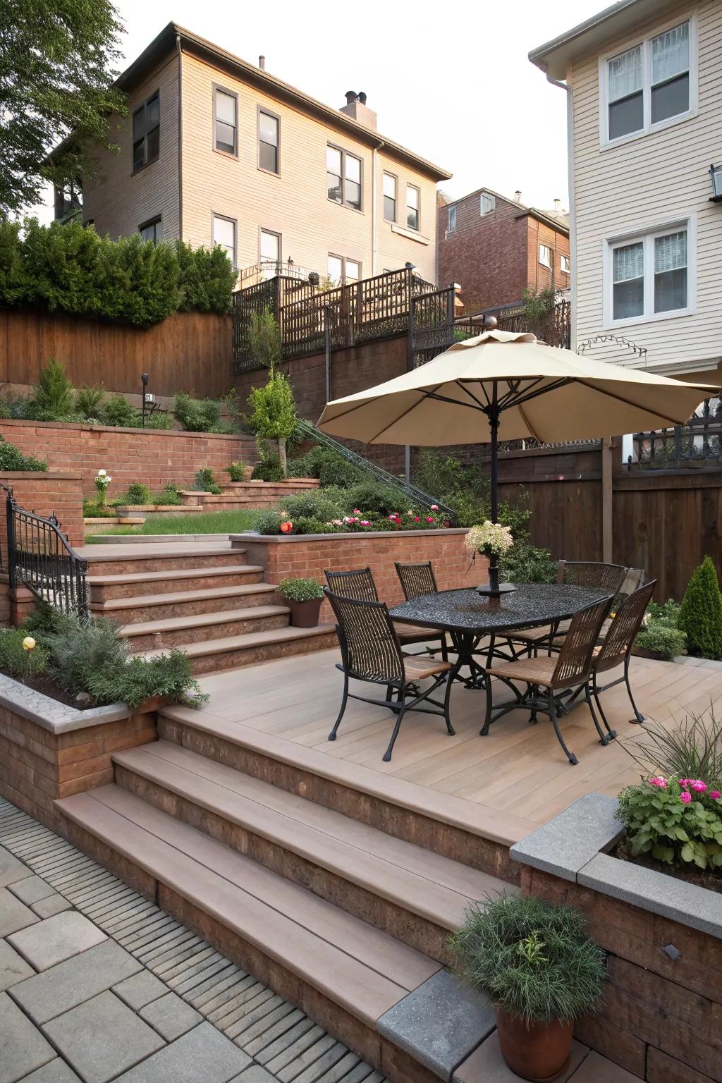 An outdoor dining area turns terraces into special gathering spots.