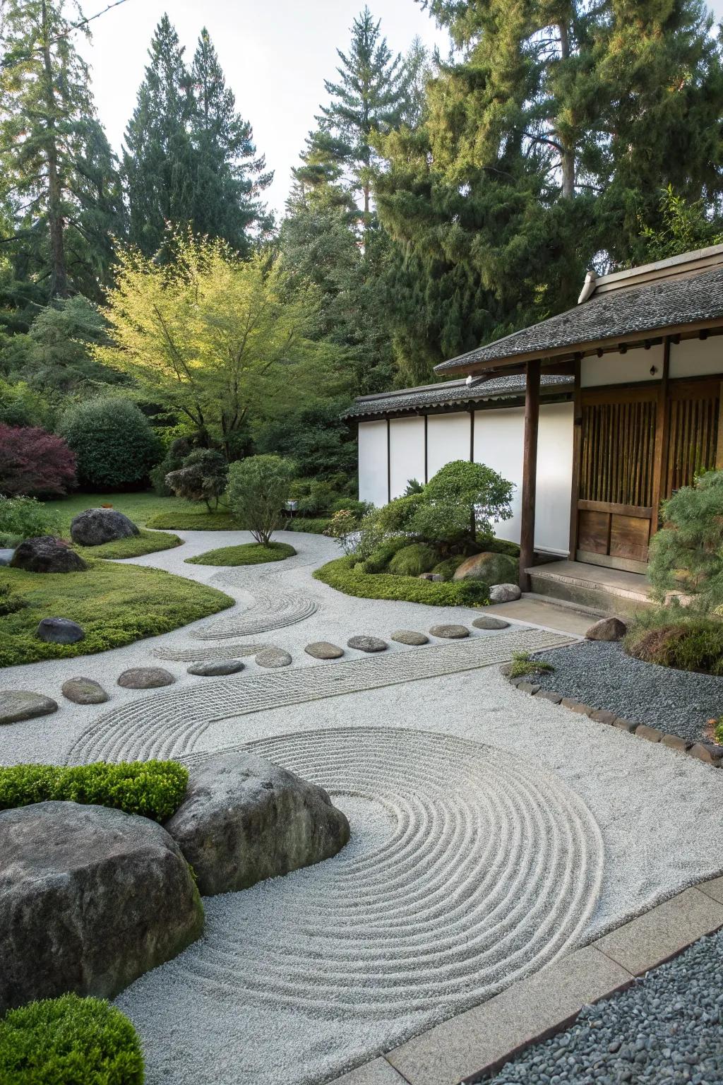 Zen-inspired paths promote peace and mindfulness.