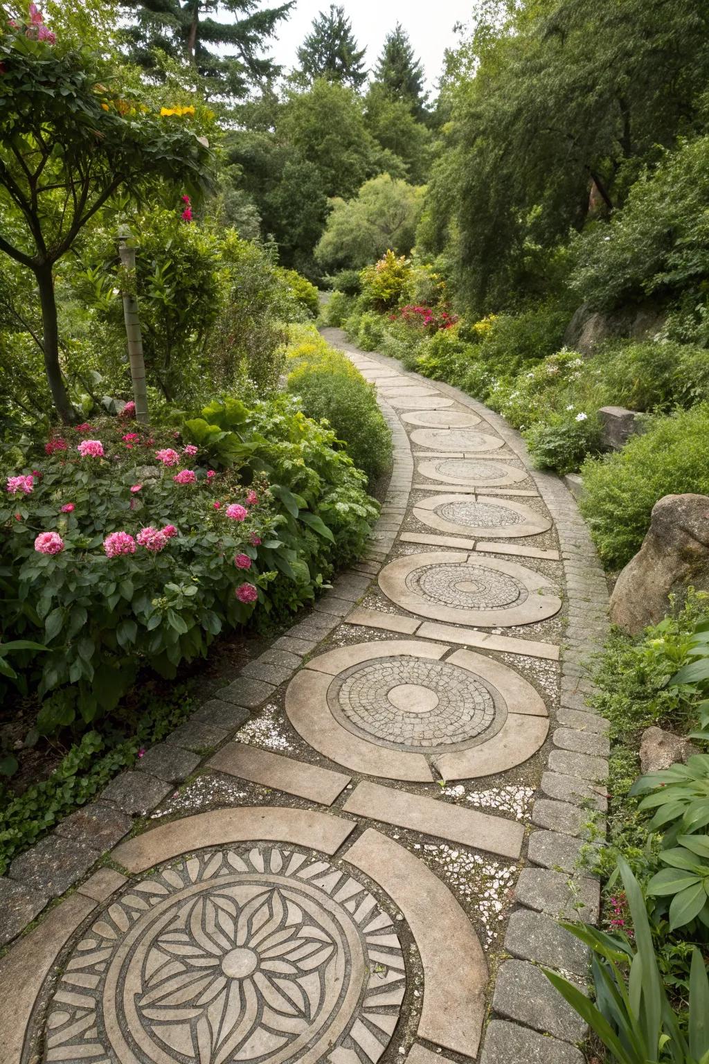 Circular stone patterns adding movement and intrigue to the pathway.