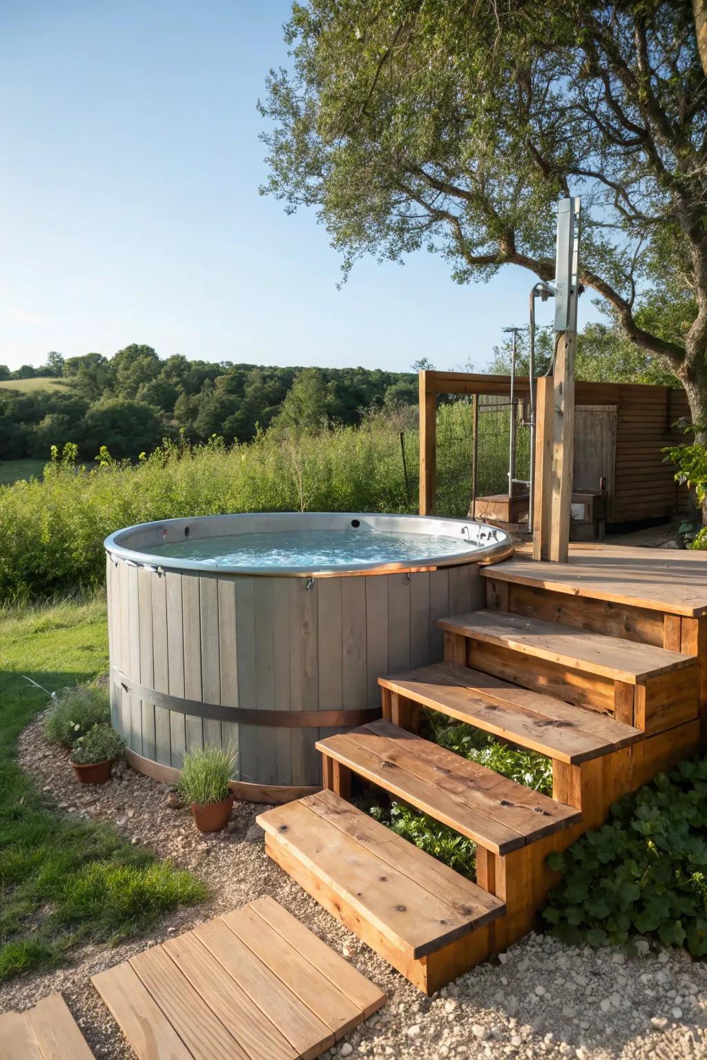 Ensure easy access with custom-built steps leading to your hot tub.