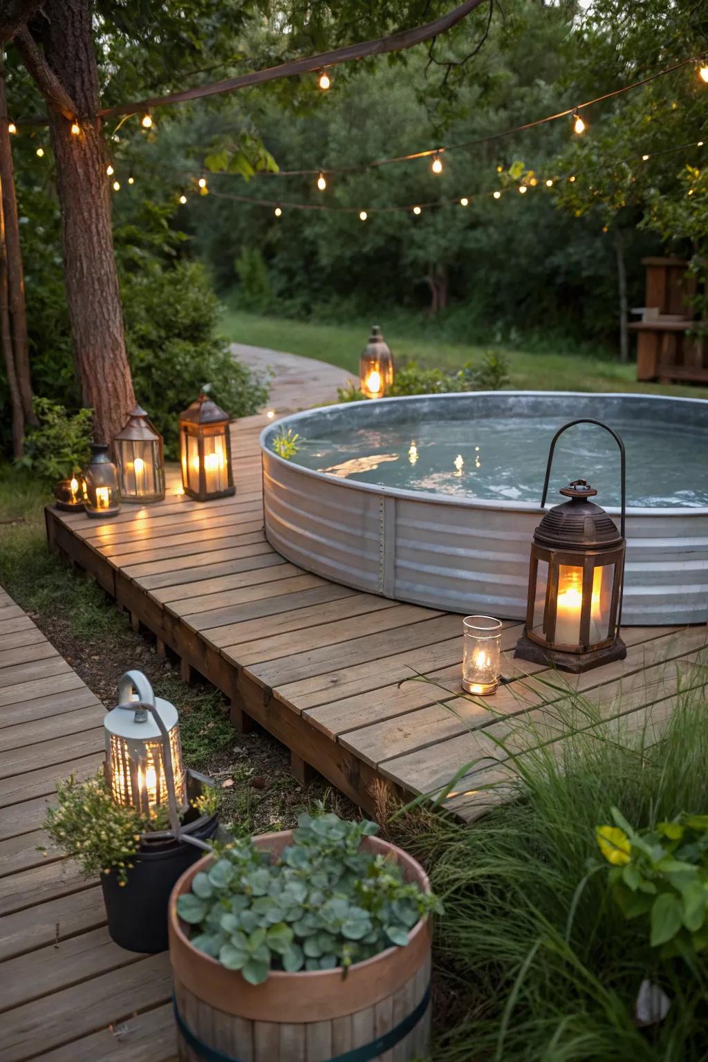 Vintage lanterns add a charming and nostalgic glow.