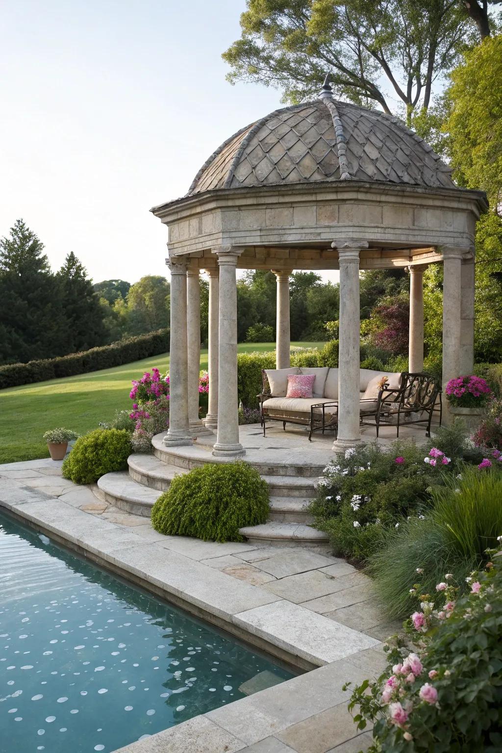 A stone gazebo provides a serene spot for poolside relaxation.