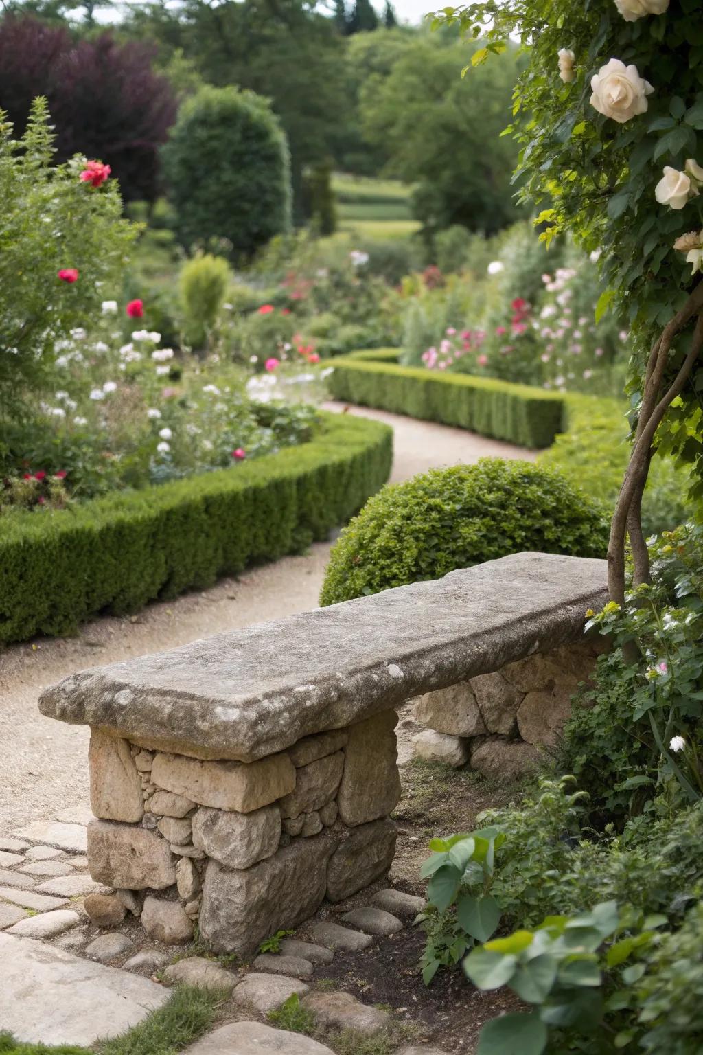 Locally-sourced stones make this bench an eco-friendly garden addition.