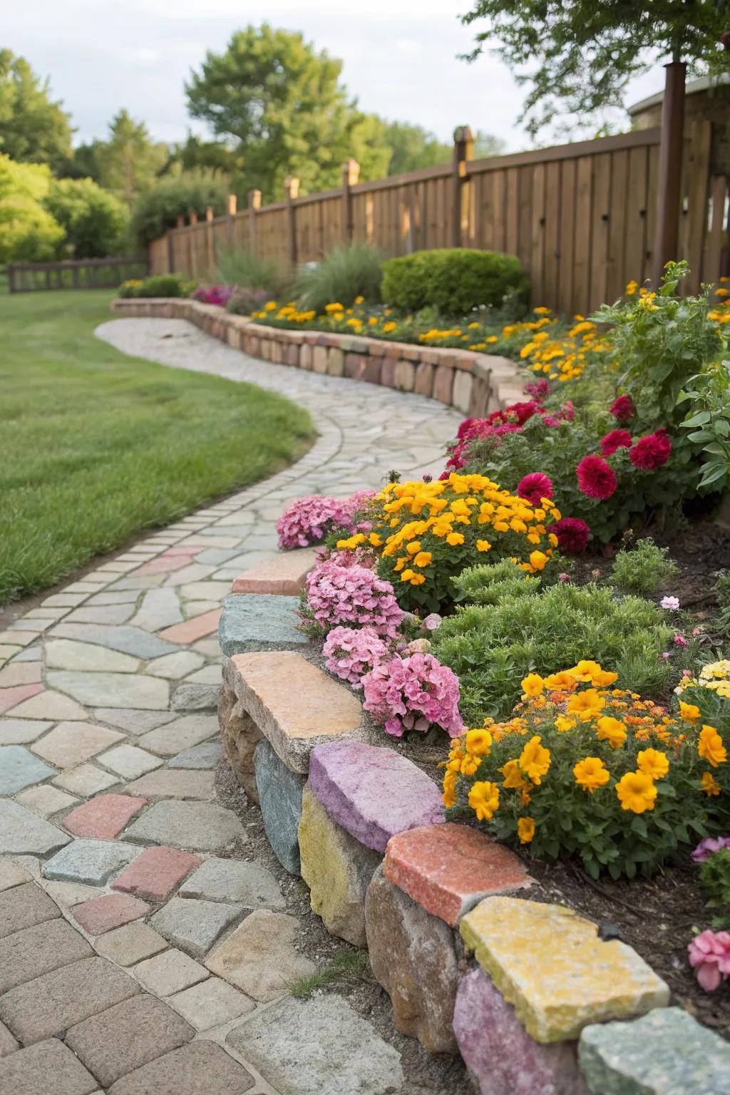 Colorful stone edging adds vibrancy to garden beds.
