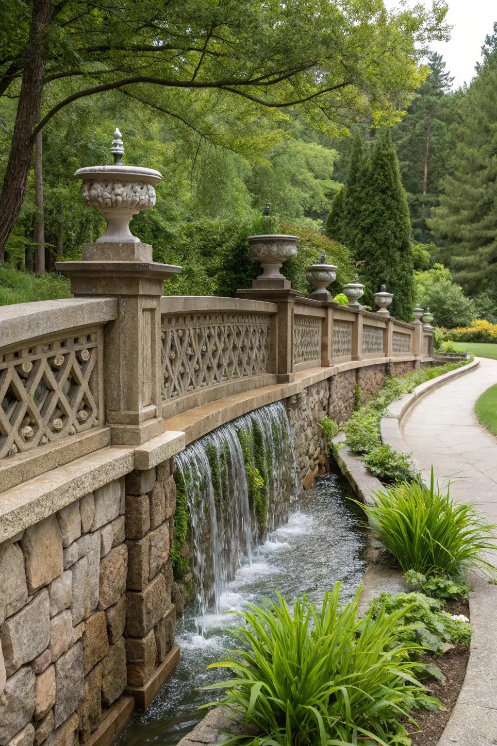 A water feature can add a calming element to a stone fence design.