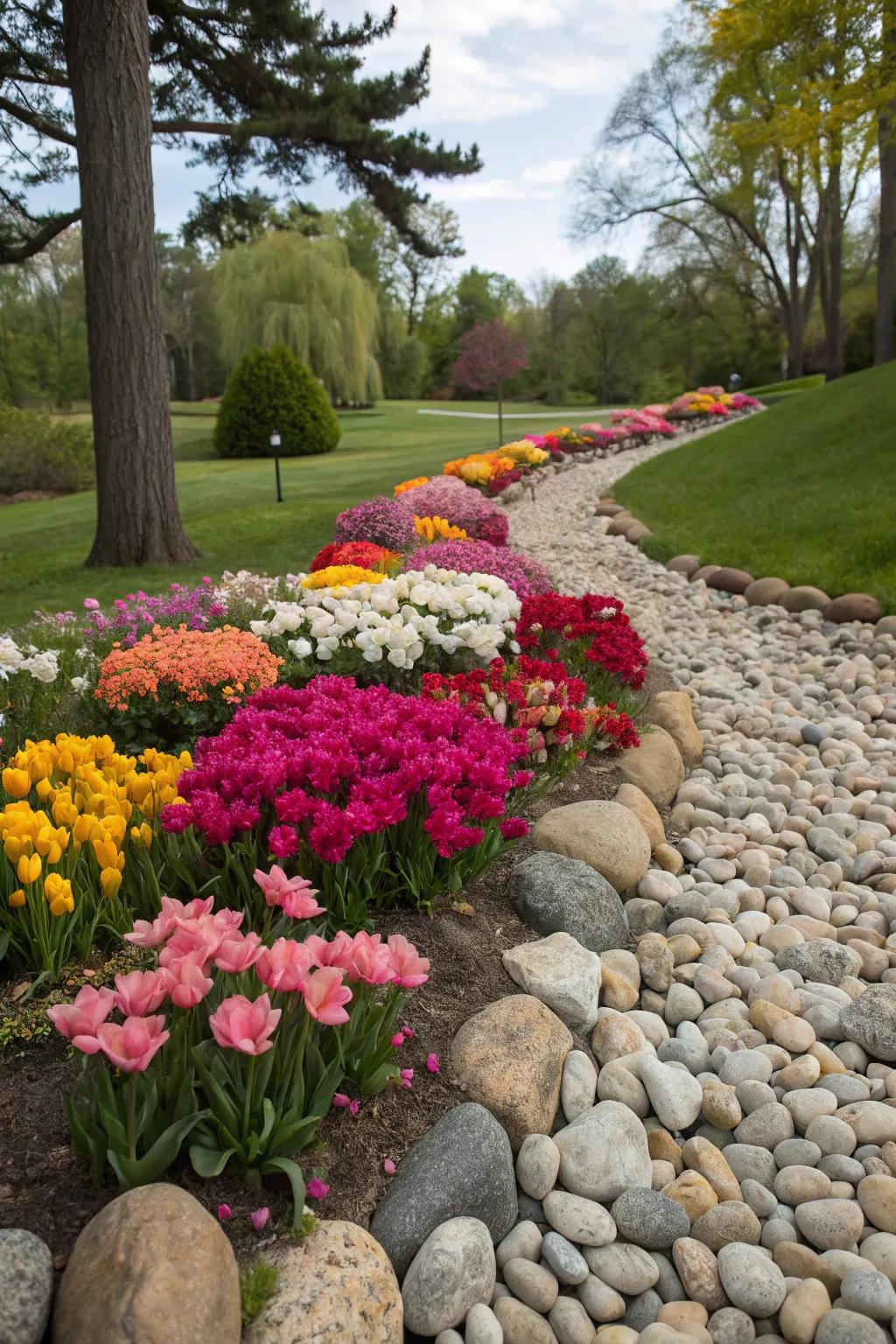 Contrasting stone colors enhance the vibrancy of garden flowers.