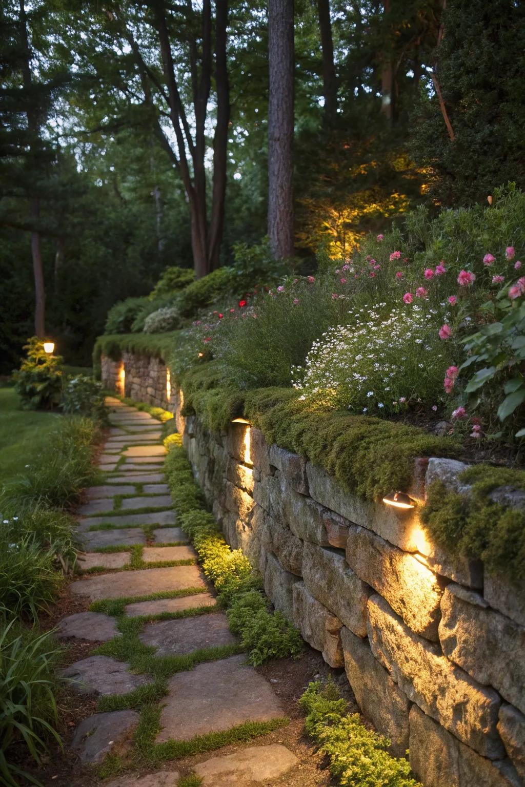 Lighting enhances the beauty and functionality of stone walls.