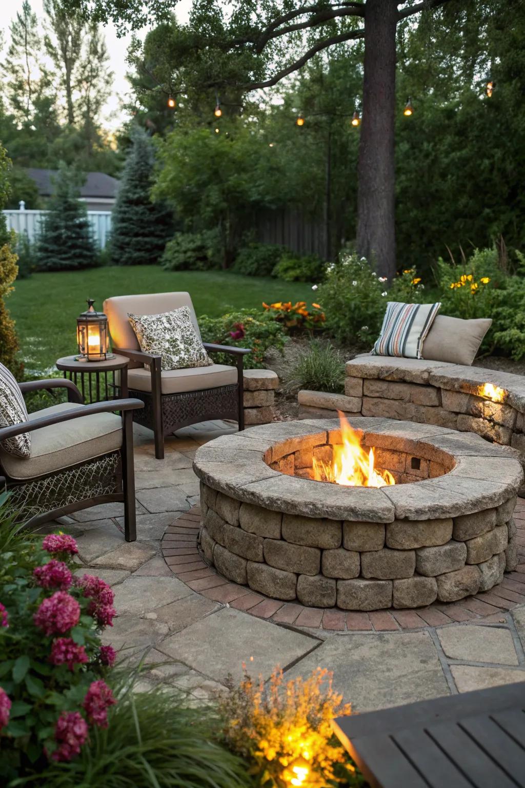A welcoming stone fire pit ideal for social gatherings in the garden.
