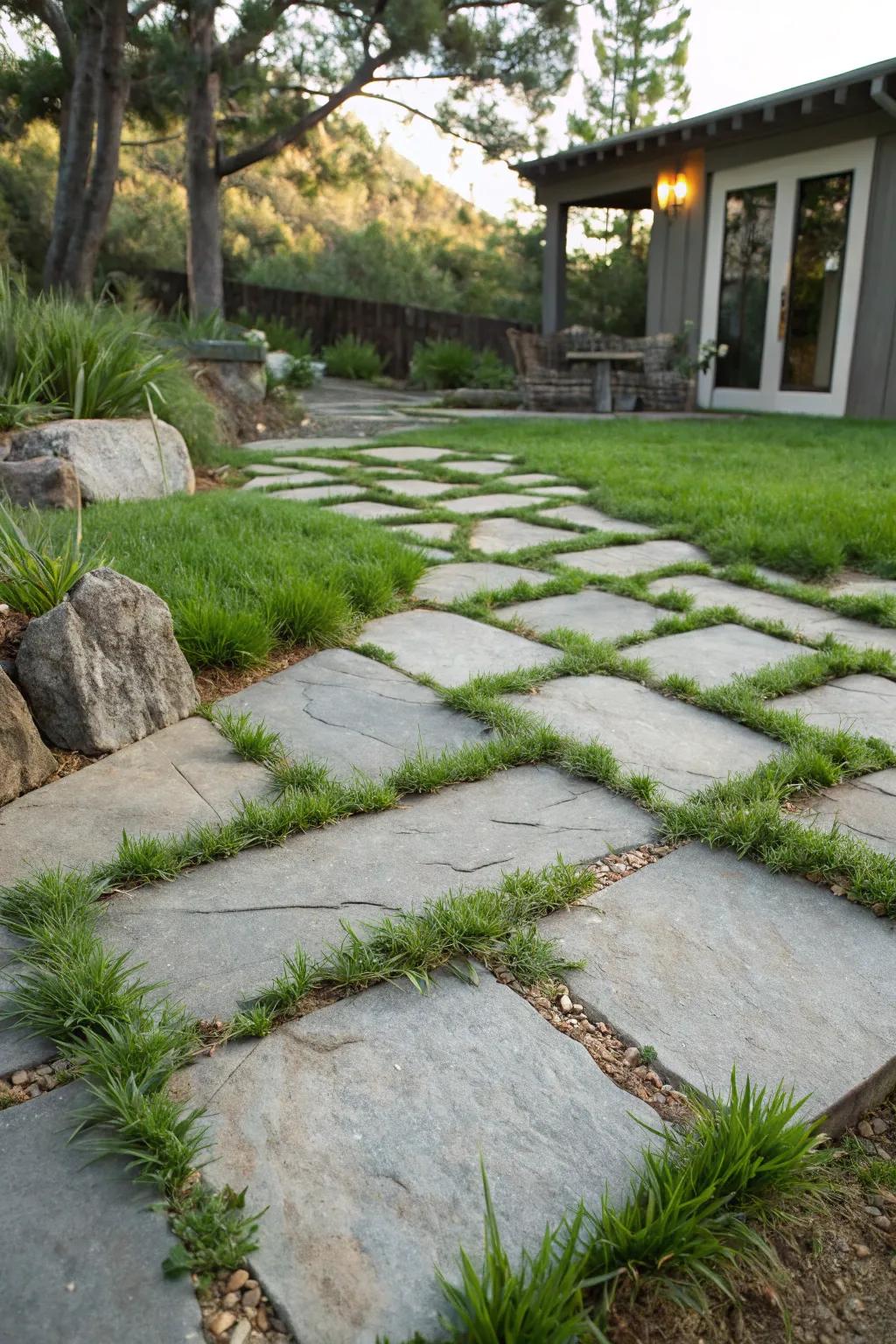 A natural stone and grass combination creating a refreshing patio.