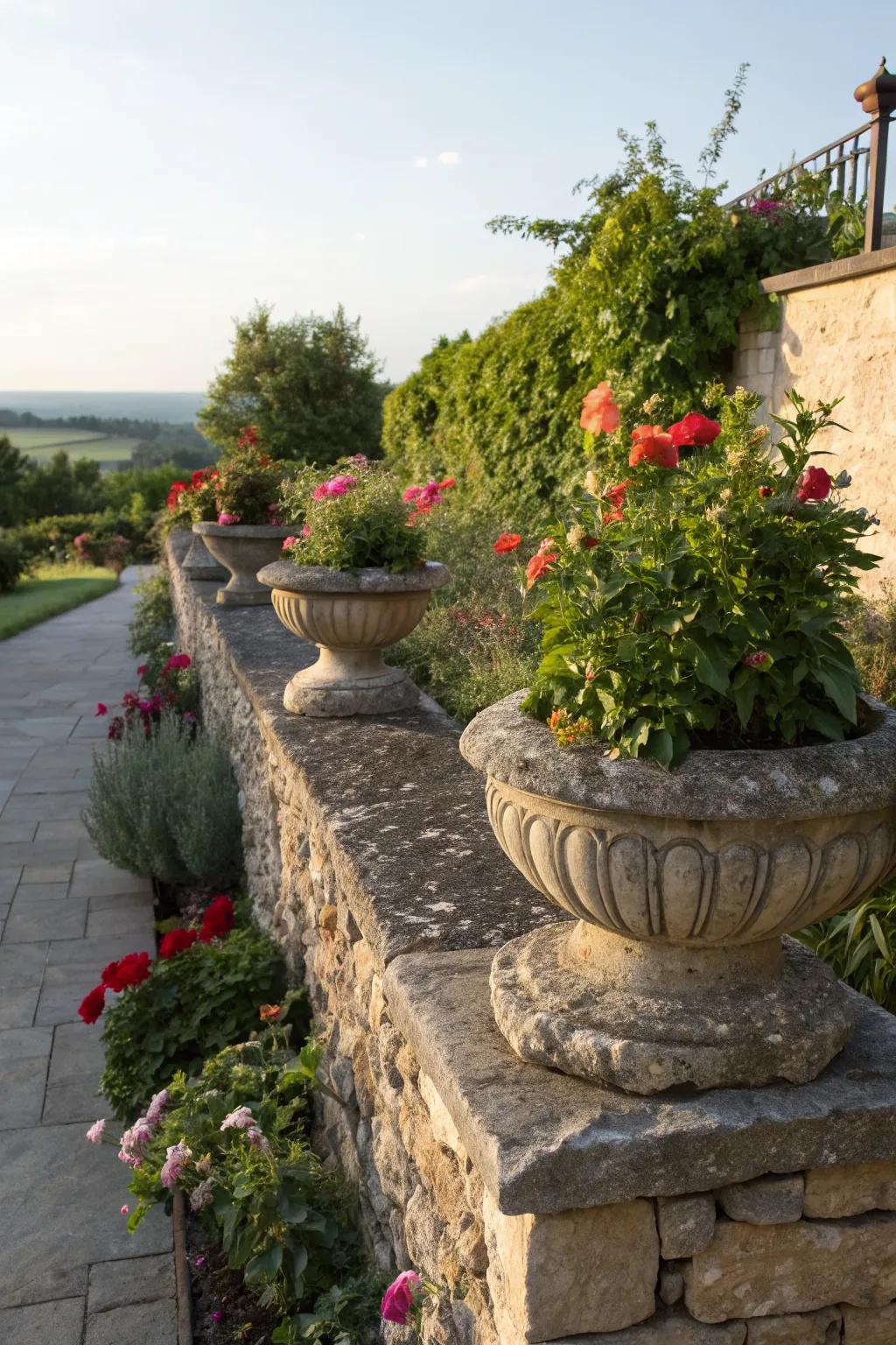 Stone planters enhancing the look of a garden wall.