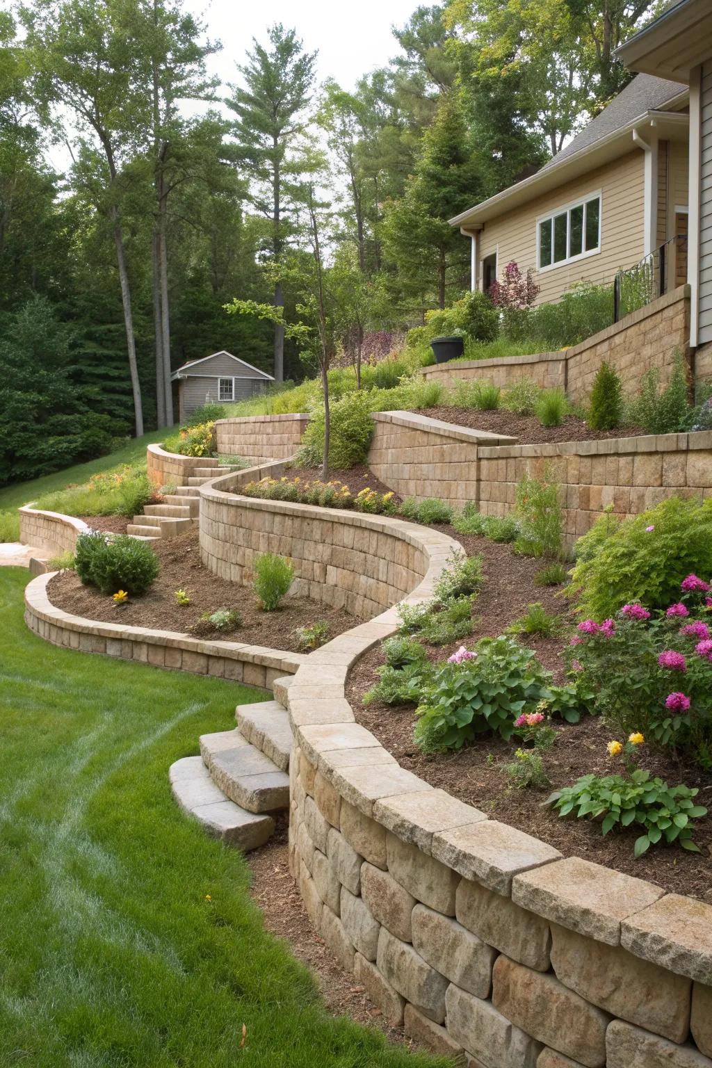 Curved stone walls add fluidity and elegance to the backyard design.