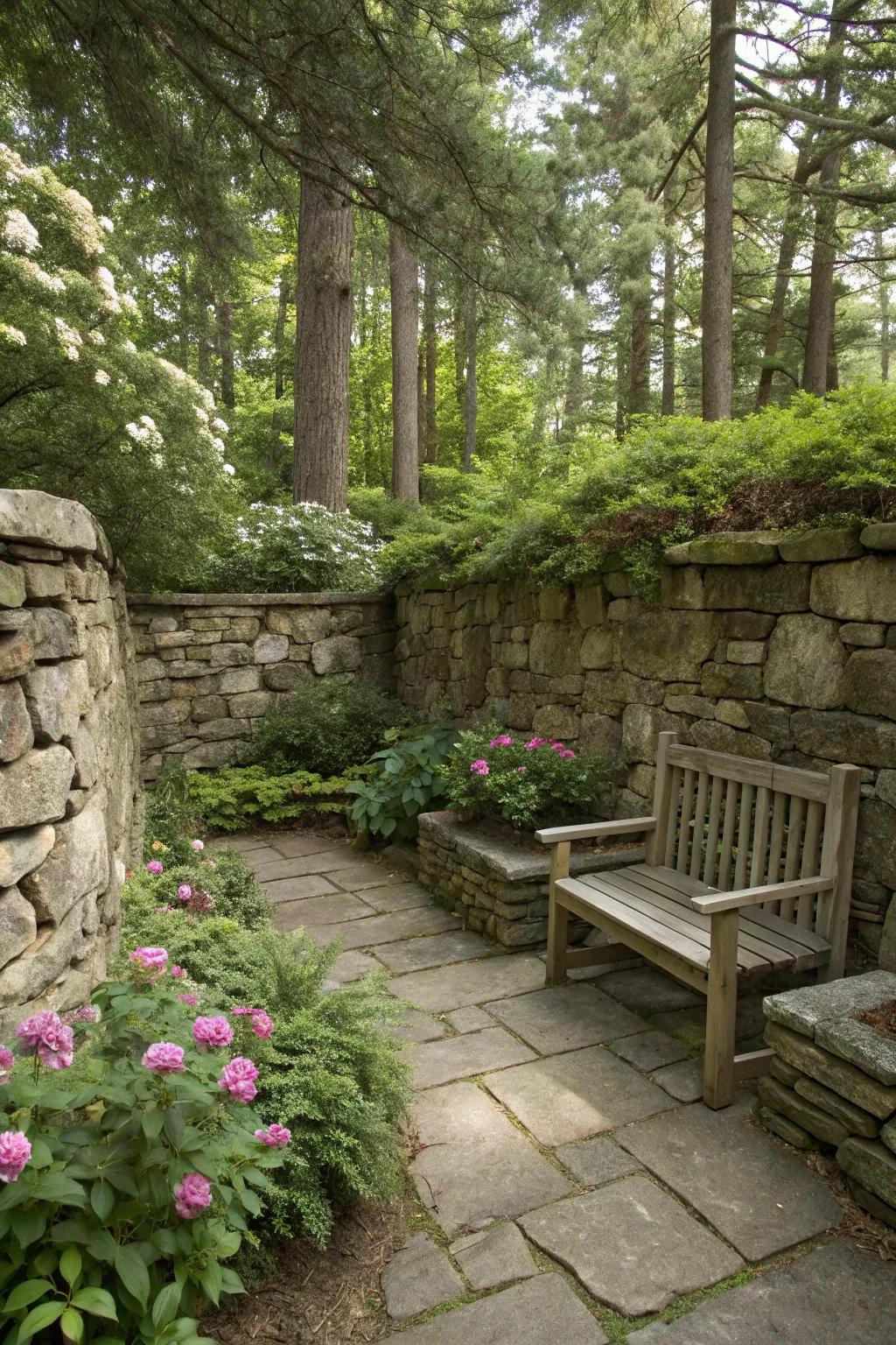 A tranquil garden nook nestled within stone walls, perfect for relaxation.
