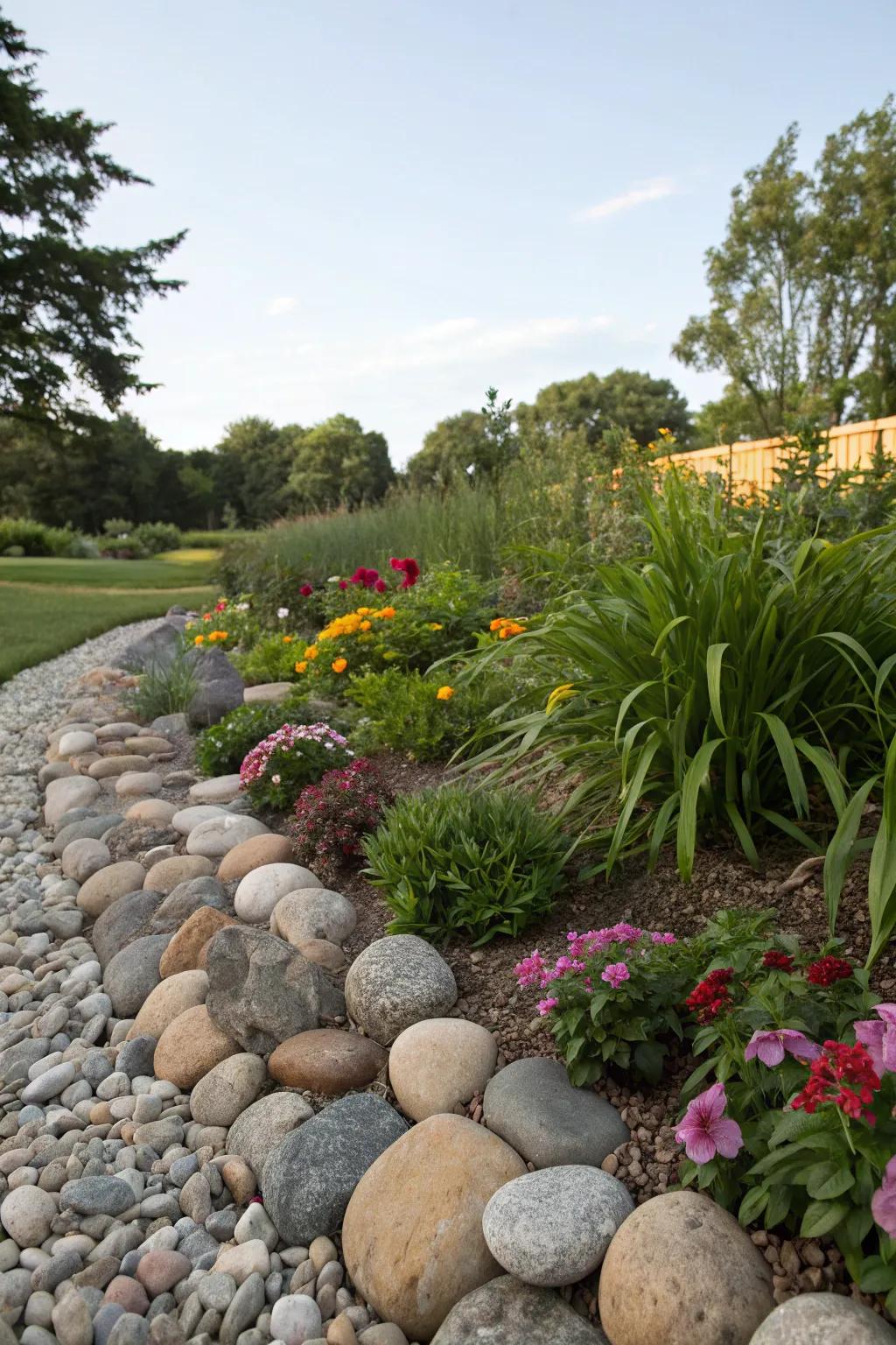 Colorful stones add vibrancy to garden borders.