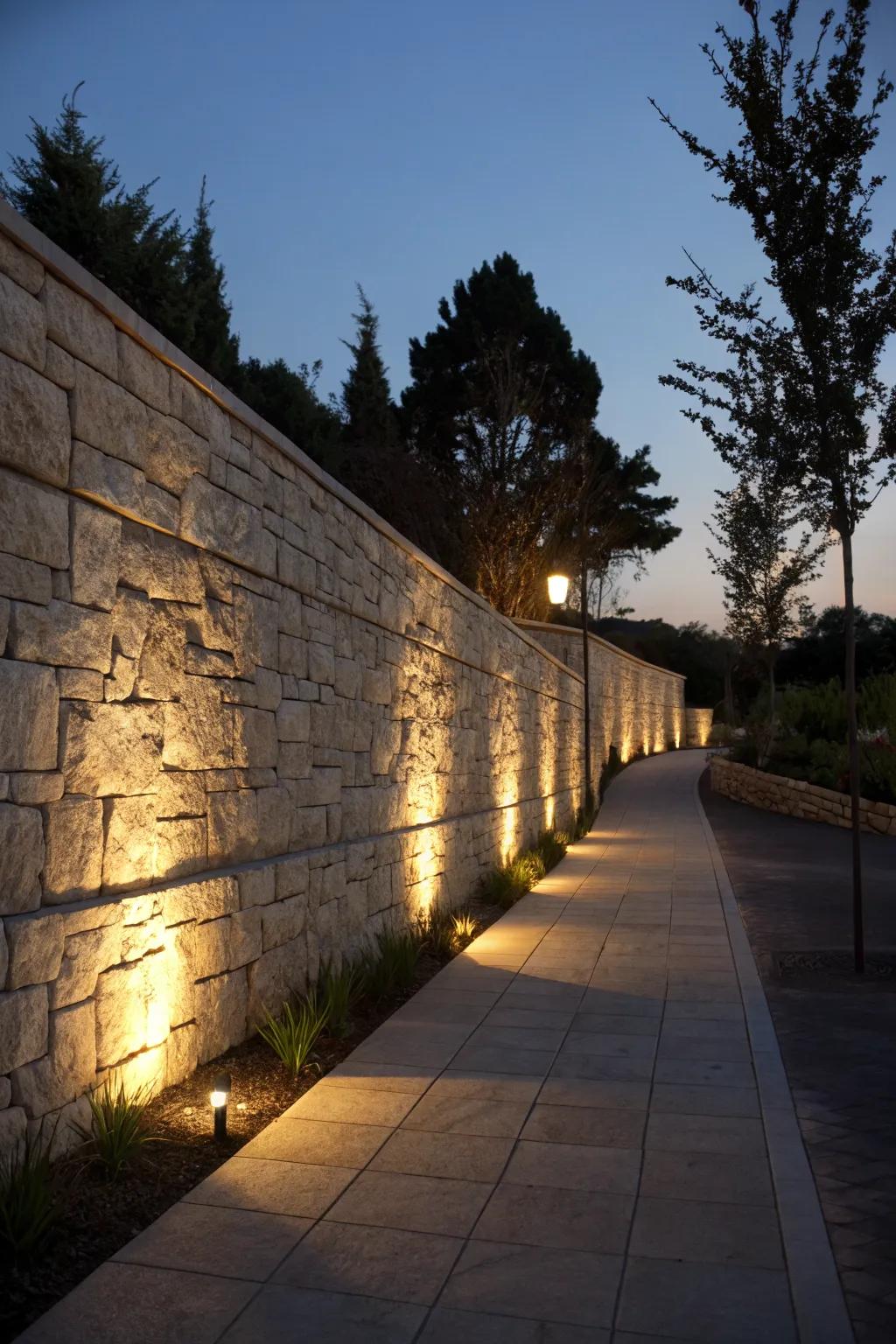 Integrated lighting in stone walls creates a dramatic evening effect.