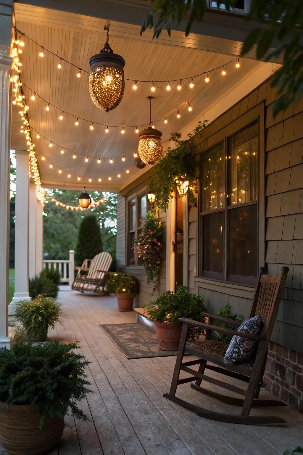 A captivating porch with a mix of string lights and lanterns.