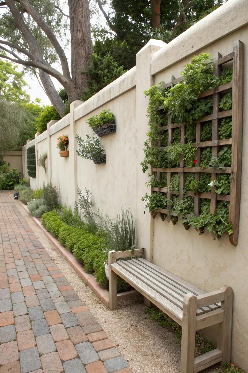 A stucco fence transformed into a vertical garden.