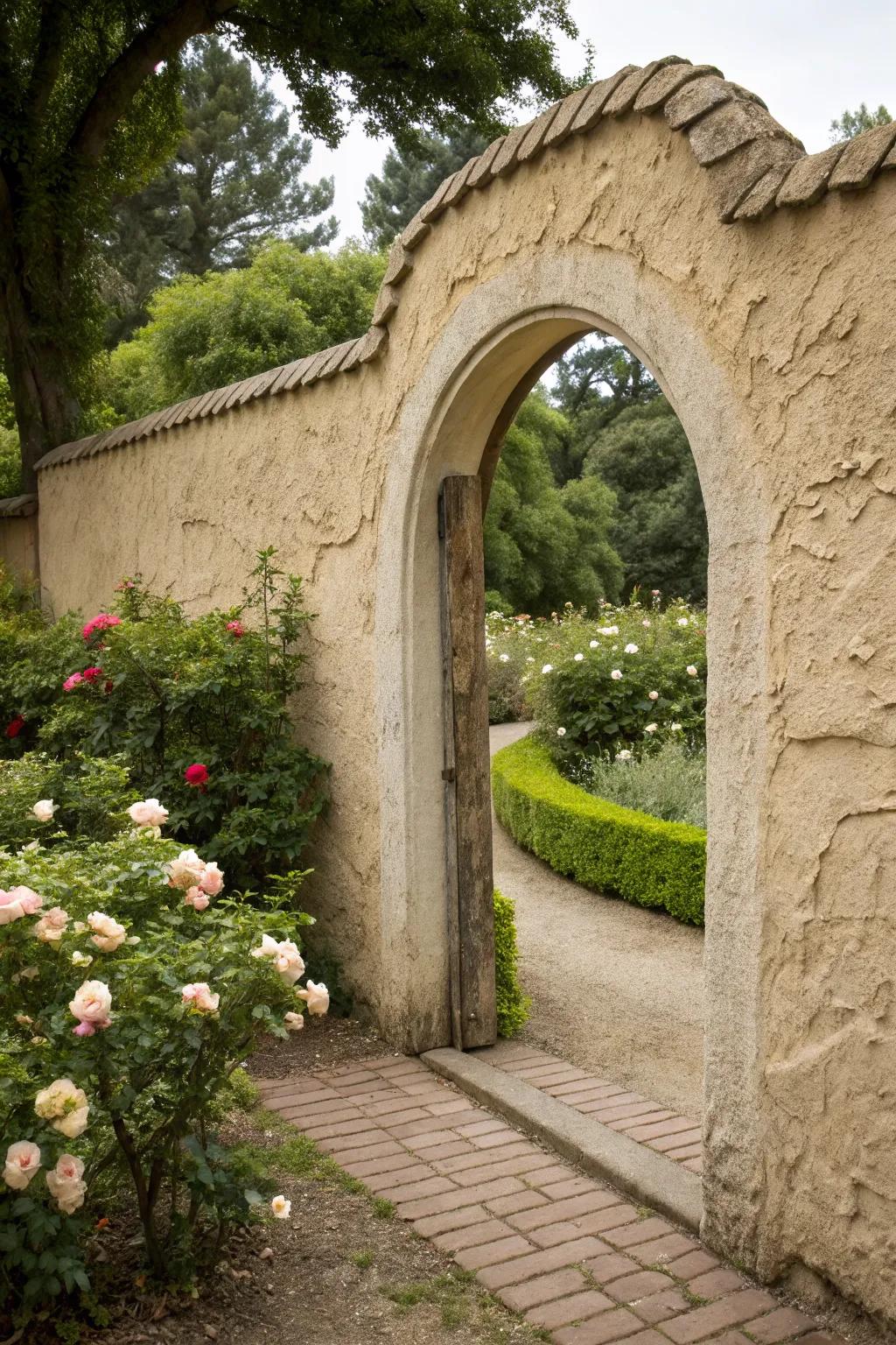 Stucco wall featuring an elegant arched entryway.