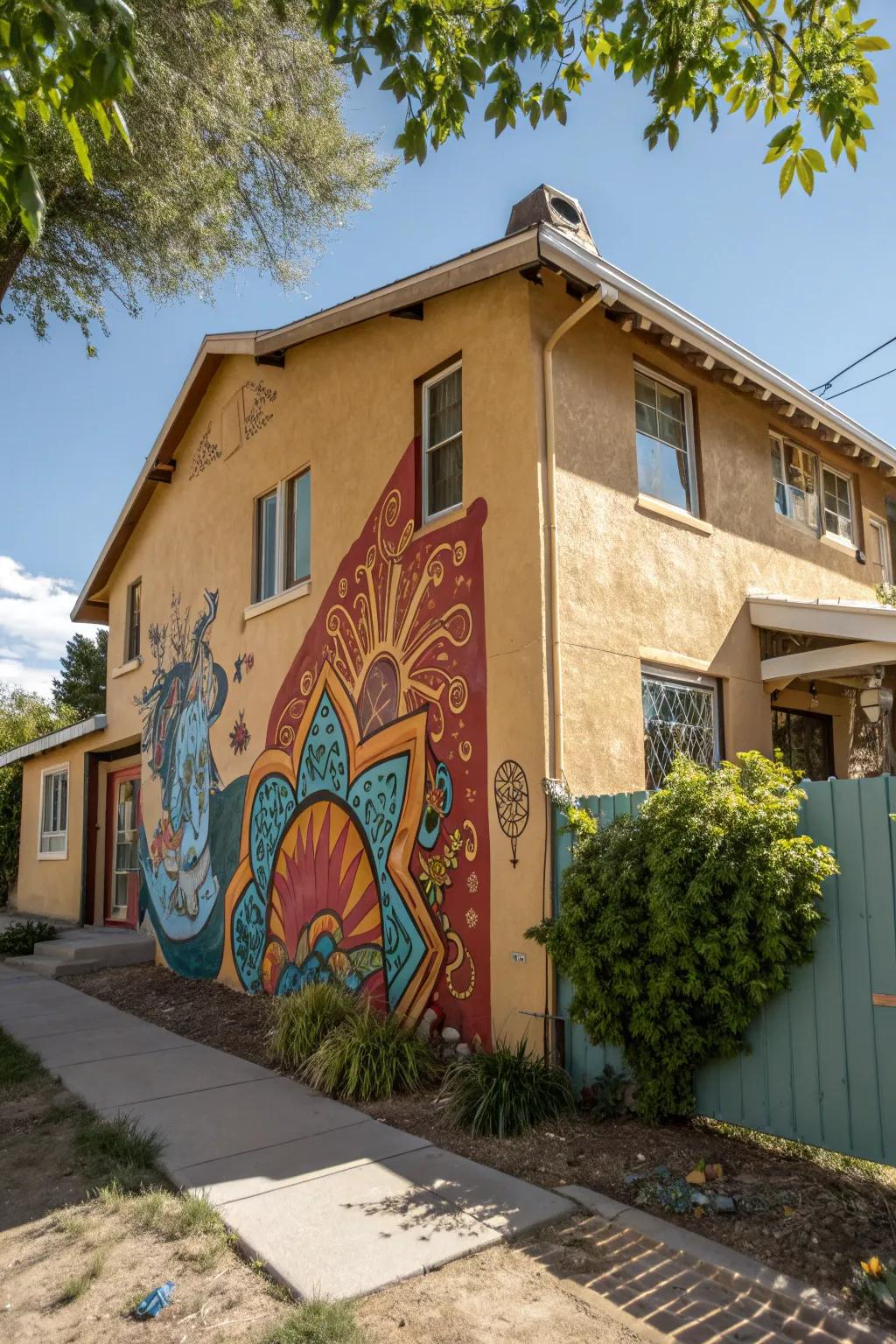 Stucco house with a creative mural.