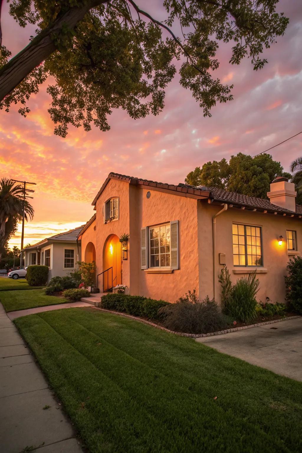 Peach stucco creates a warm and inviting atmosphere.