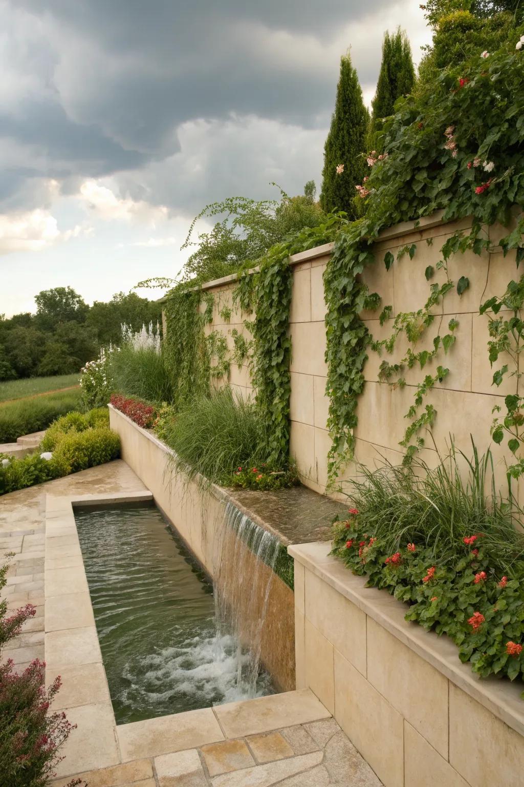 Water features in stucco walls add serenity and beauty.