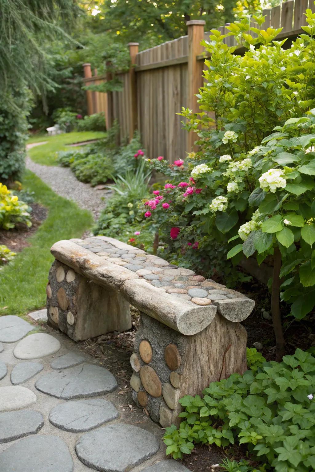 Nature's rugged beauty shines in a stump and stone bench.