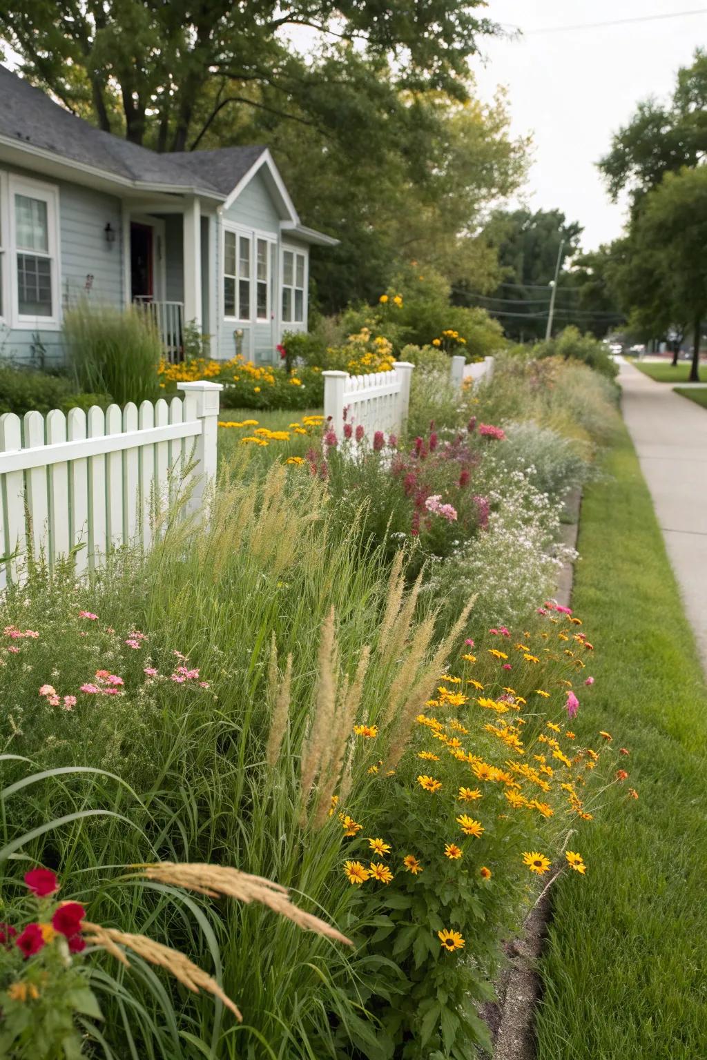 Meadow-style planting creates a wild yet harmonious look in this front yard.
