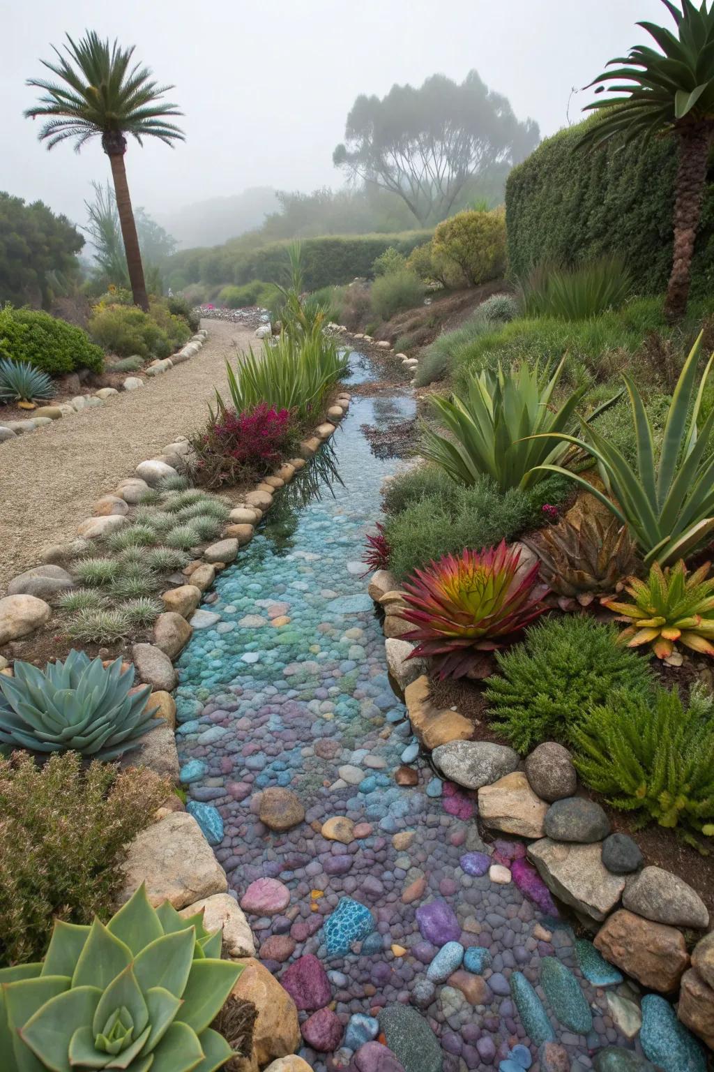 Colorful pebble streams simulate water and add vibrancy.