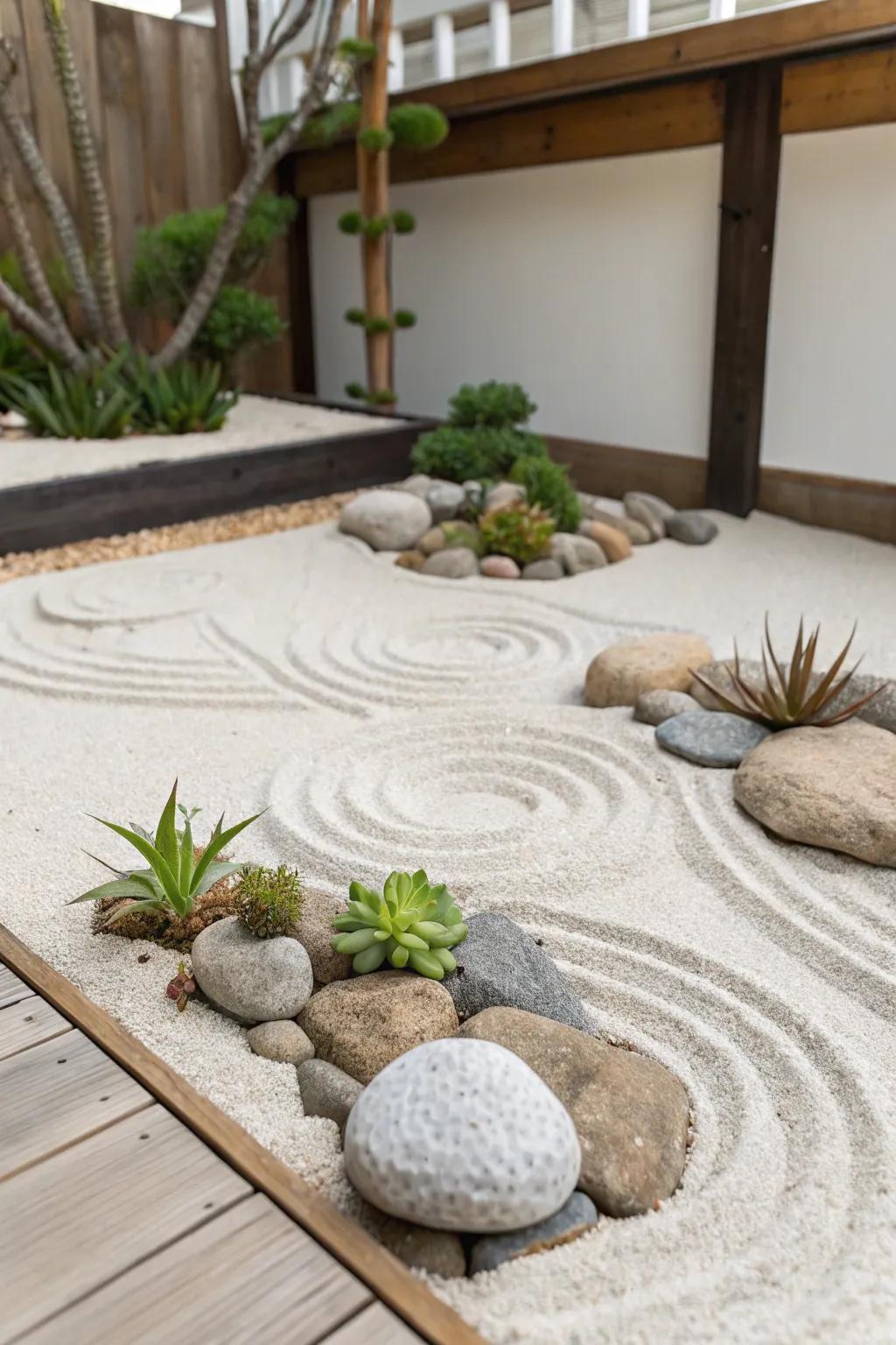 A Zen corner offers a tranquil escape within the garden.