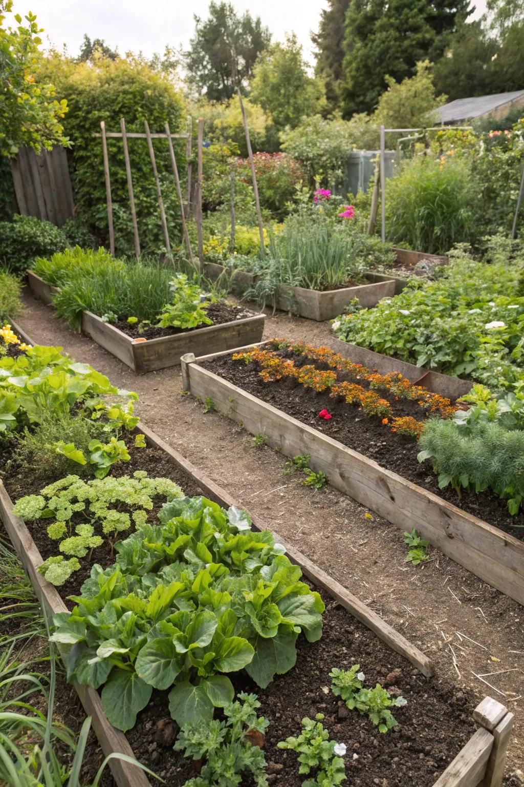 A flourishing no-dig garden built on layers of organic material.