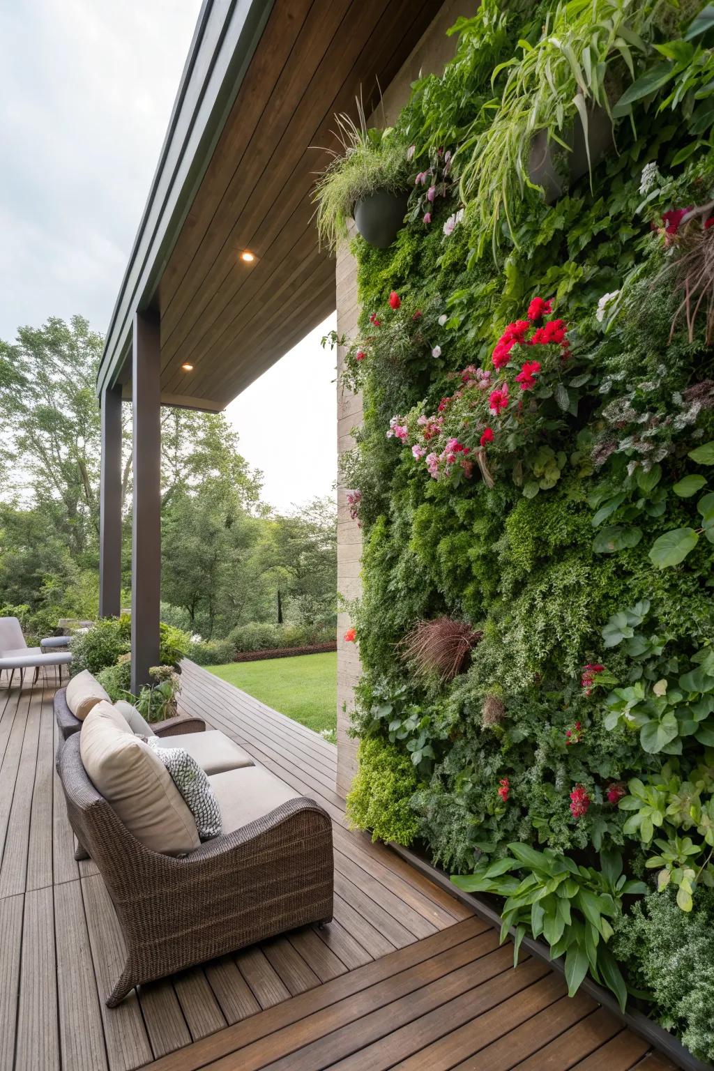 Vertical gardens add lush greenery to compact spaces.