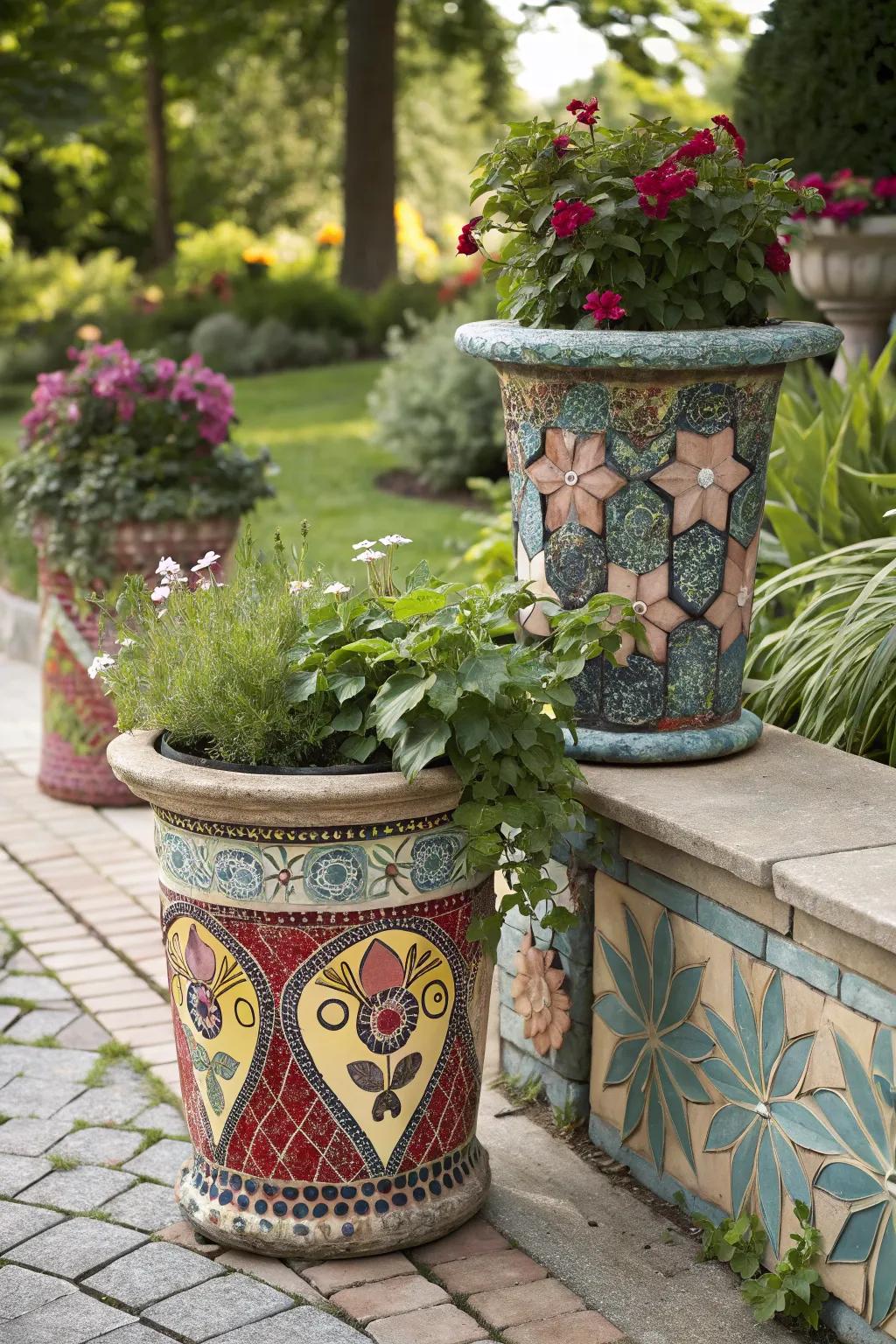 DIY mosaic planters turn gardens into artistic retreats.