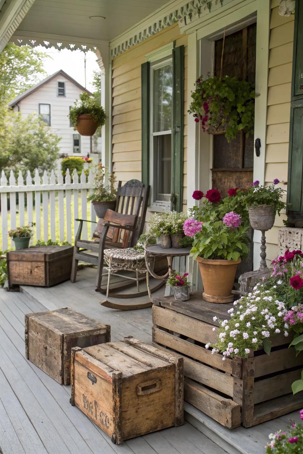 Vintage finds add rustic charm and character to the porch.