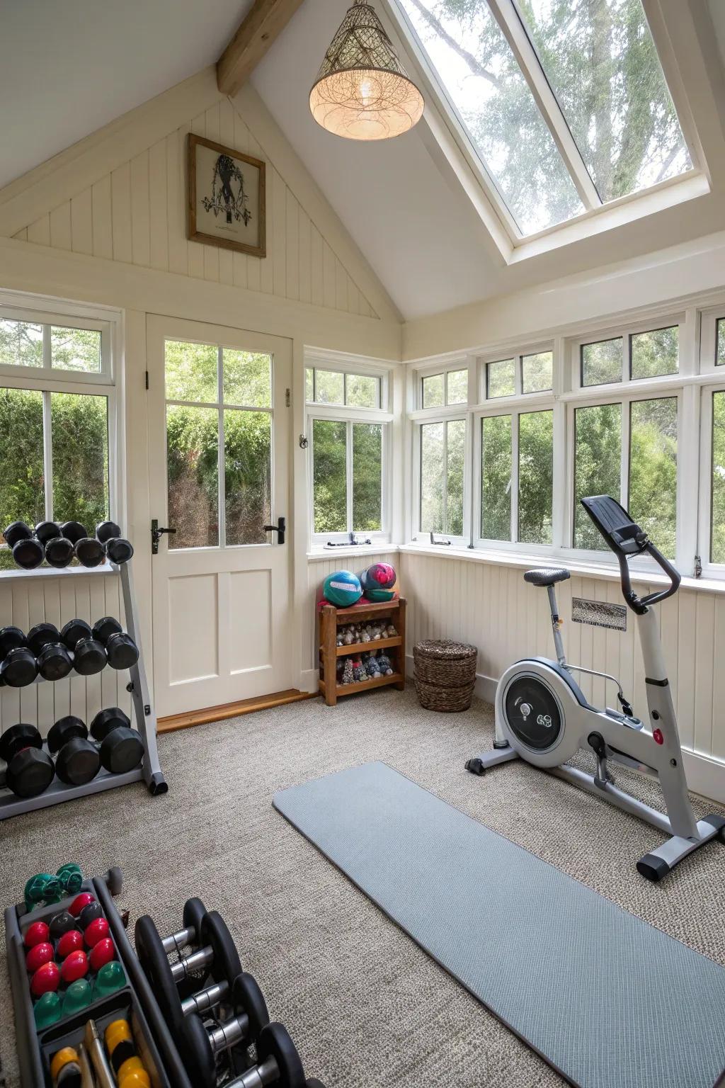 A summerhouse transformed into a personal fitness space.
