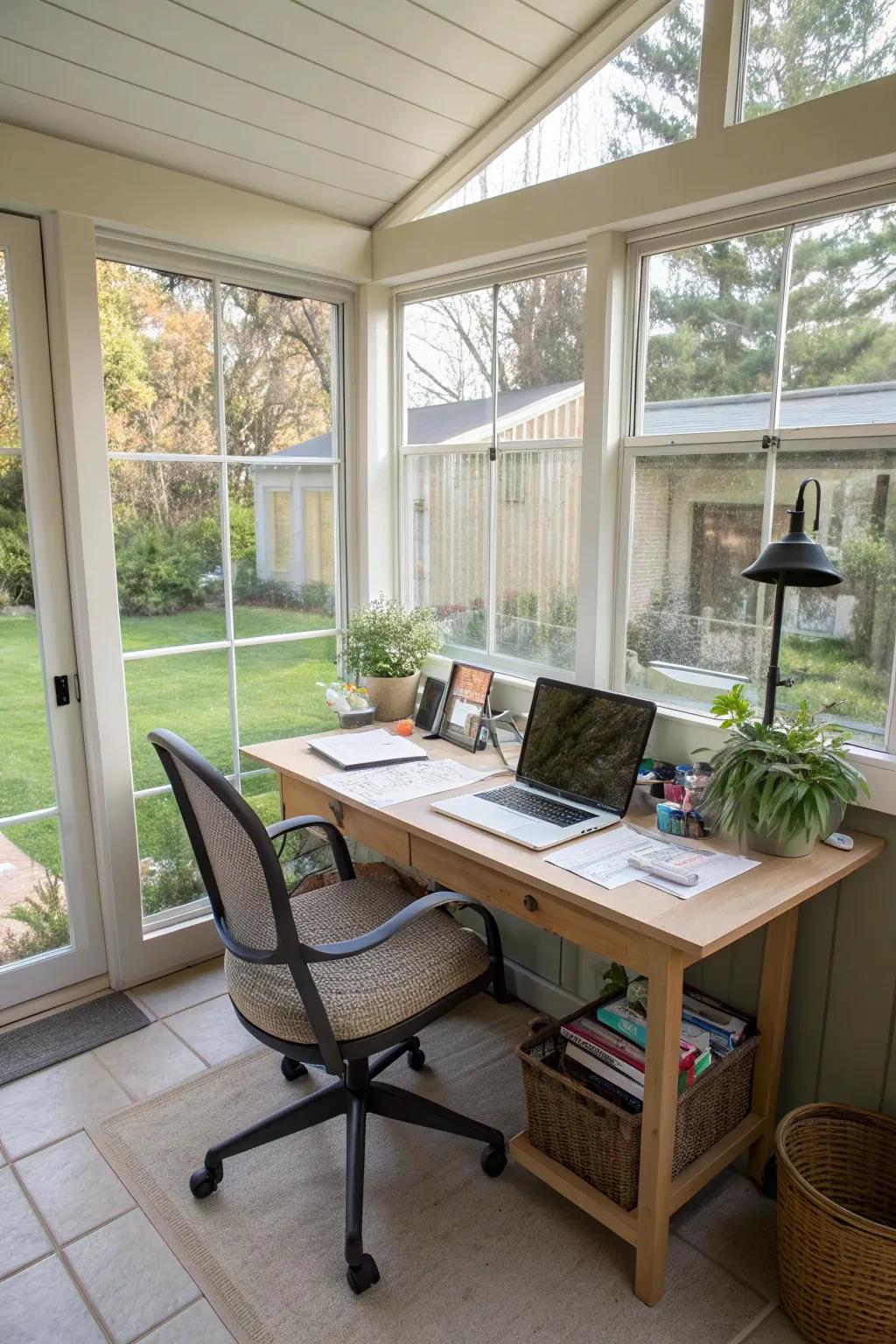 A home office on the sun porch, offering productivity with a view.